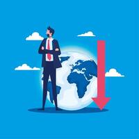 elegant businessman with earth planet and arrow down vector