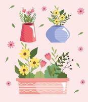 beautiful flowers garden in vases and pot vector