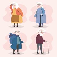 group of four grandparents using canes and walker characters vector