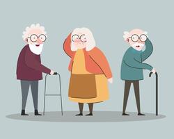 group of three grandparents using walker and cane characters vector