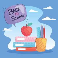 back to school lettering in speech bubble with books and apple vector