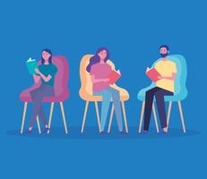 group of readers reading books seated in chairs characters vector
