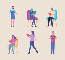 group of readers reading books standing and seated characters vector