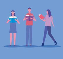 group of readers reading books standing characters vector