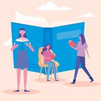female readers reading books standing and seated characters vector