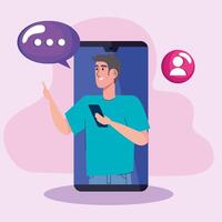 man in smartphone with social media icons vector