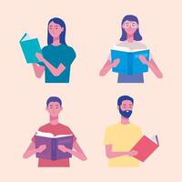 group of readers reading books characters vector