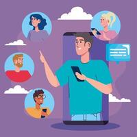 man in smartphone and community social media vector