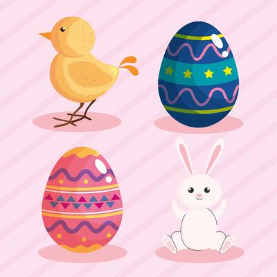 happy easter celebration card with eggs painted and animals