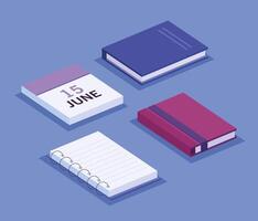 books and calendar isometric workspace set icons vector