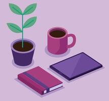 tablet with book and houseplant bundle of isometric workspace set icons vector