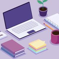 laptop and isometric workspace set icons vector