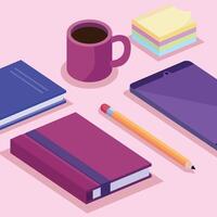 tablet with books and coffee cup isometric workspace set icons vector