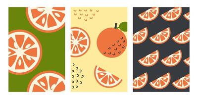 vertical posters set with oranges in retro style. Perfect background template for banner, card, label, sale. Hand drawn illustration. vector