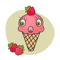 Amused face raspberry ice cream cone character with googly eyes. Perfect print for tee, sticker, poster. Retro style illustration for decor and design. vector