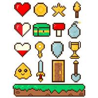 Set of elements for 8 bit games. Icon in pixel art style vector