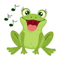A cute green frog with large eyes and an open mouth singing, with musical notes around. The little frog is sitting and sings a happy song. Hand drawn trendy flat style isolated illustration vector