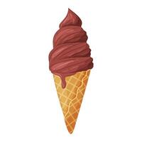 Chocolate ice cream in a waffle cone. Delicious dessert Cool refreshing dessert. Hand drawn flat style isolated cheerful and summery appearance, whipped frozen chocolate cream illustration vector