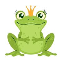 Illustration of a green Frog Prince wearing a golden crown, sitting and smiling on a white background. Hand drawn trendy flat style isolated illustration. Concept of fairy tales and royalty. vector