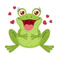 An adorable green frog with heart-shaped eyes and red hearts around it. Hand drawn trendy flat style isolated on a white background. Love and affection concept illustration vector