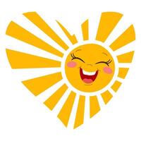 Smiling Sun in Heart Shape with Radiant Yellow Rays. cheerful sun with heart-shaped rays and a smiling face Hand drawn trendy flat style isolated. Concept of happiness and warmth illustration vector