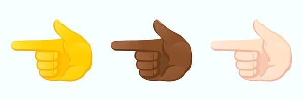 Index finger points to the left. Hand icons gesture showing direction with various skin tones. vector