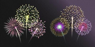 Two groups of realistic fireworks bursting in various shapes vector