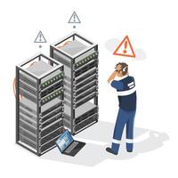 electrical engineer trobleshooting server room issues the server problem isometric isolated industrial concept illustration on white background vector
