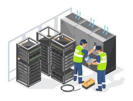 hvac air conditioner computer room temperature control system in server room engineers installation isometric isolated industrial concept illustration vector