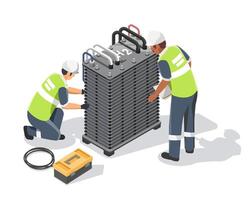 Engineer and technician maintenance service team H2 PEM water electrolyser station green hydrogen module isometric for industrial on white background isolated vector