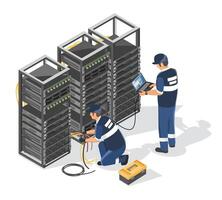 electrical engineer and it support installation setup electric system in server room isometric isolated industrial concept illustration on white background vector