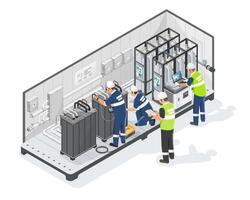 Engineer and technician maintenance service team H2 green hydrogen PEM water electrolyser station module isometric for industrial on white background isolated vector