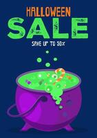 Halloween Save Up to 50 With Cauldron with green potion and candies. can use for Poster, Banner, Discount. Bright vertical template vector