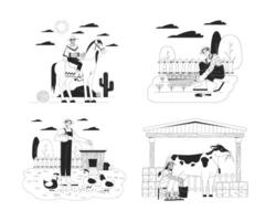 Agricultural activities black and white flat line illustration set. Multiethnic farmers working with plants and animals 2D lineart characters isolated. Farming monochrome outline image bundle vector