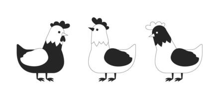 Farm chickens group 2D linear cartoon characters set. Poultry husbandry habitats isolated line animals white background. Agricultural industry color flat spot illustrations collection vector