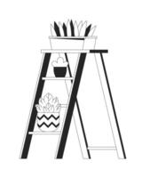 Ladder shelving unit with houseplants 2D cartoon object. Decorative rack. Stand with potted plants isolated flat element white background. Home interior design color spot illustration vector