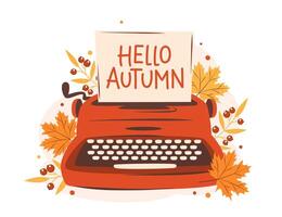 Vintage typewriter with hand drawn message Hello autumn and autumn bright leaves. vector