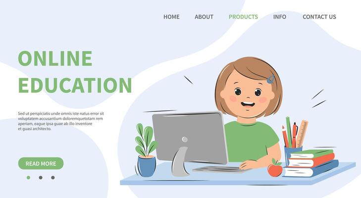 Online education, home school concept. Little girl studying on computer.