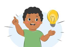 Cute kid boy thinking, child with idea, with lightbulb. Knowledge, creative thinking and education concept. vector