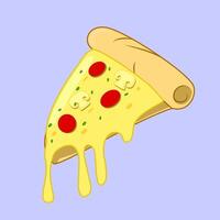 A slice of pizza with melting cheese, mushrooms, sliced sausage, and some onion leaves sprinkles on a milk purple background. vector