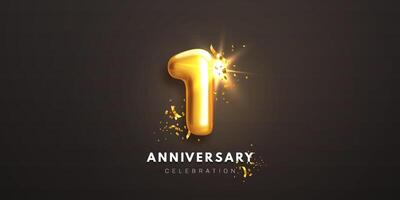 Second anniversary celebration banner. Realistic glossy 3d golden number 2 and sparkling confetti on black background. Decorative element for poster, invitation, greeting card vector