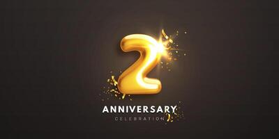 First anniversary celebration banner. Realistic glossy 3d golden number 1 and sparkling confetti on black background. Event party template for poster, invitation, greeting card vector