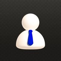 Realistic white 3d user icon. Human person symbol with blue tie in cartoon style isolated on black background. Social network profile badge, abstract business avatar for website vector