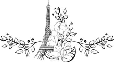illustration border Eiffel Tower and flower. Magnolia springtime romantic in Paris for greeting card, print with hand drawn. France famous symbol. Black silhouette for circuit vector