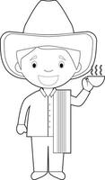 Easy coloring cartoon character from Colombia dressed in the traditional way with a cup of coffee in his hand. Illustration. vector
