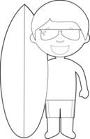 Easy coloring cartoon character from Australia dressed in the traditional way as a surfer with his surfboard. Illustration. vector