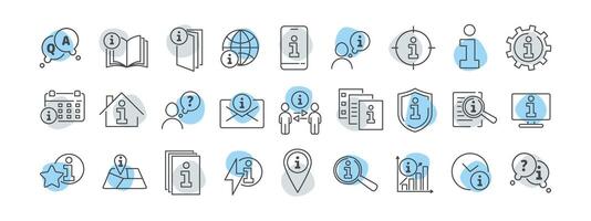 Information center line icon set. Guide, manual, help, hint, answer, tutorial, booklet, leaflet, search, settings, web, book, flyer, reception illustration. Editable Stroke. vector