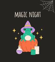 Greeting card with frog in witch hat with pumpkin, potion, candles. Magic, witchcraft. Happy Halloween vector