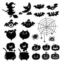 Set of silhouettes in Theme of Halloween on a white background. Kawaii Style. vector