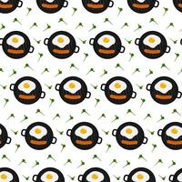 Fried egg with yolk, sausage and greens in cast iron grill pan Seamless pattern. Isolated on white. Top view. Background, wallpaper or menu cards, poster, banner or web, price tag, design idea vector